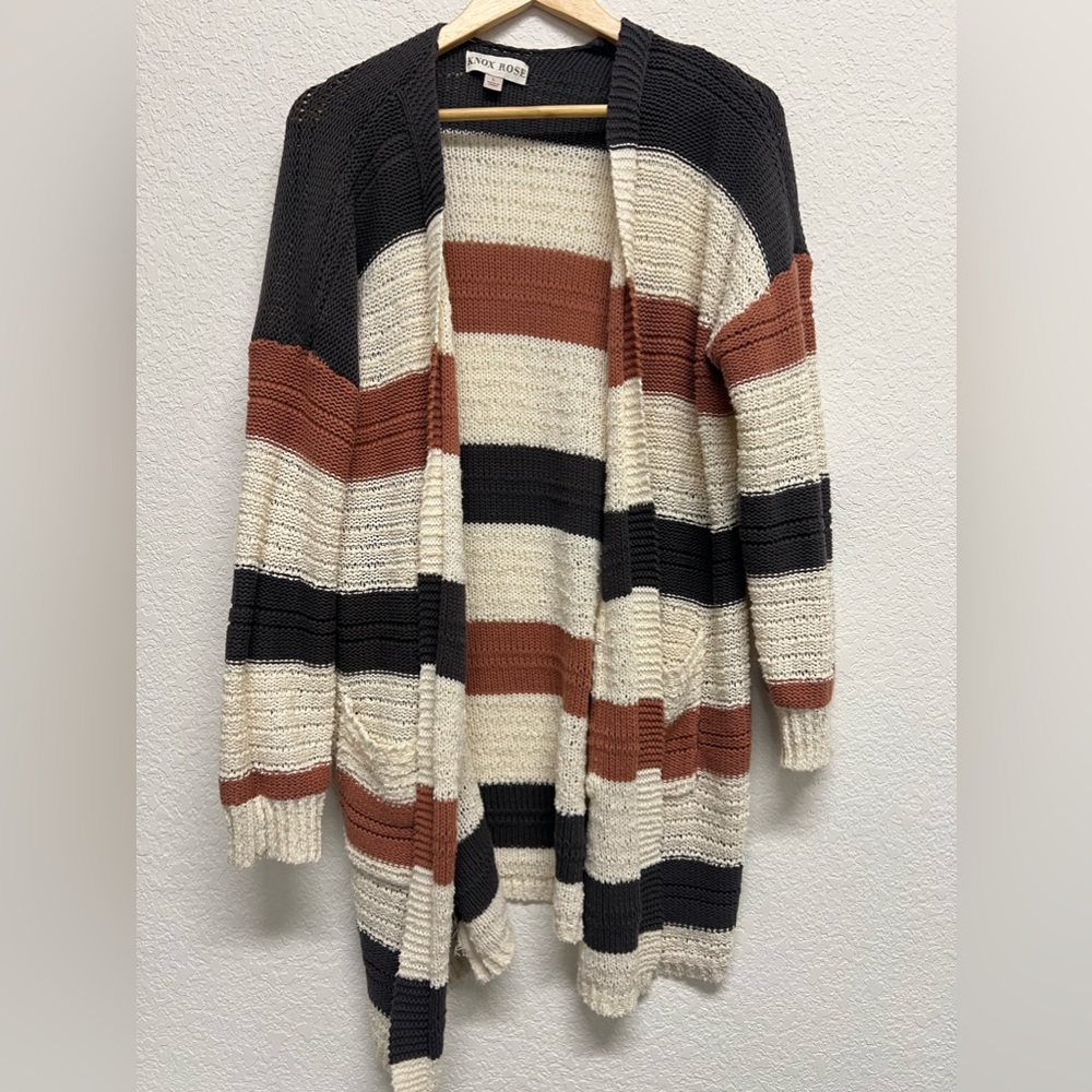 *Knox Rose Women’s Striped Crochet Fall Longline Cardigan Large